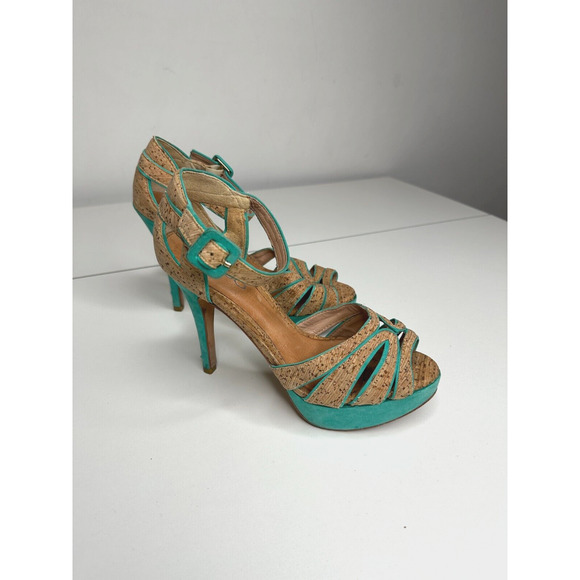 Aldo Platform Turquoise Suede & Tan Cork Stiletto Heel Ankle Strap Sandal 5.5 - Picture 5 of 16